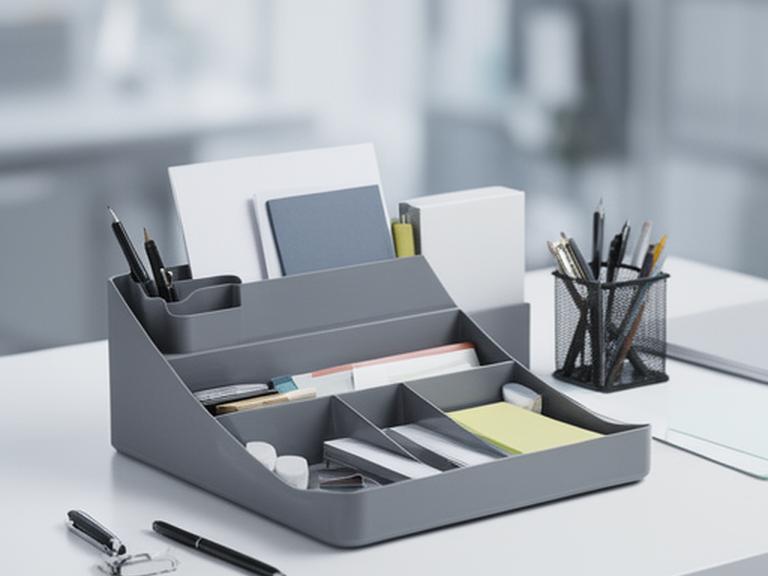 Organisationsbox für Bürobedarf auf einem sauberen Schreibtisch mit Stiften und Dokumenten